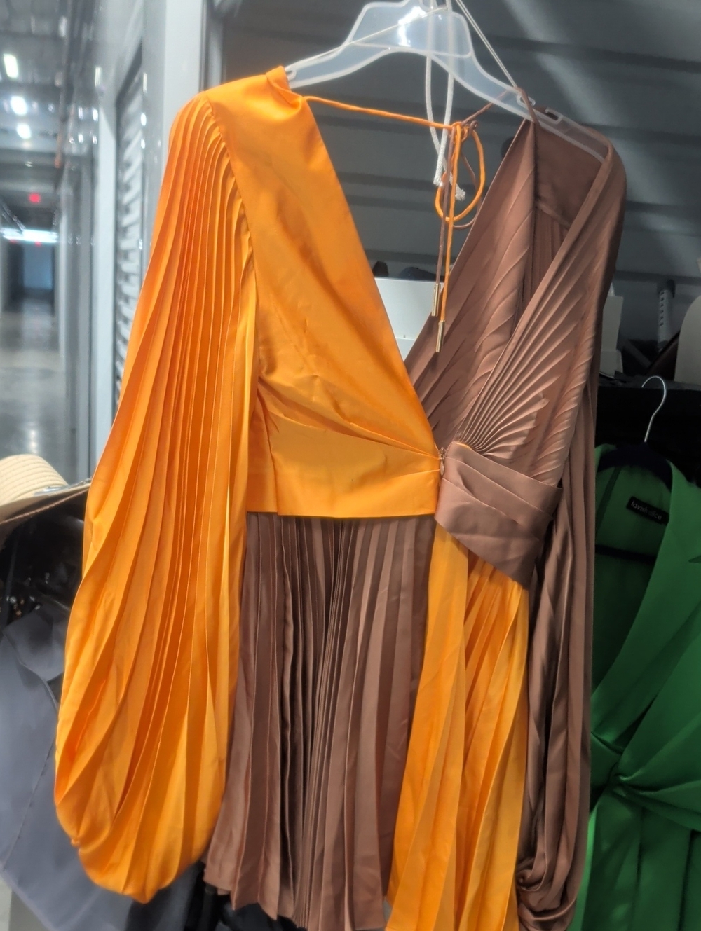 Acler One-Shoulder Pleated Two-Tone Dress in Orange and Brown